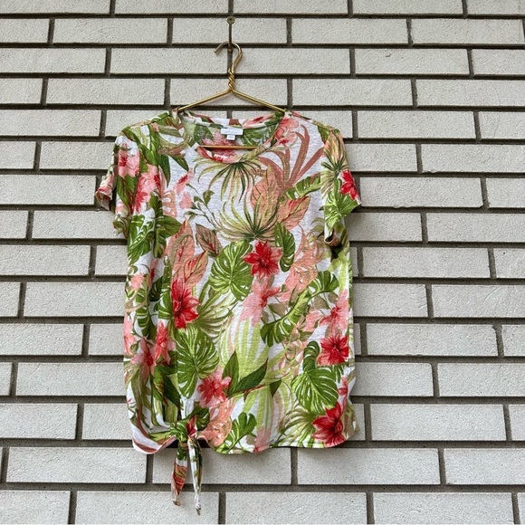 J Jill Love 100% Linen Short Sleeve Botanical Tropical Floral Blouse Tie Front - Picture 1 of 8